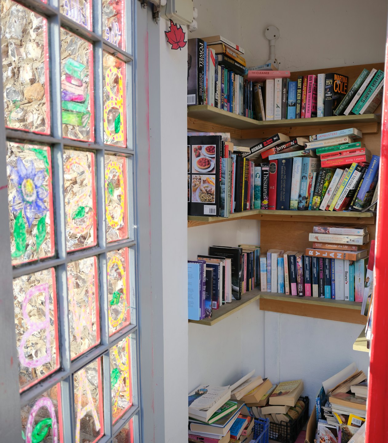 Books stacked on wooden corner shelves and a colorful painted door.